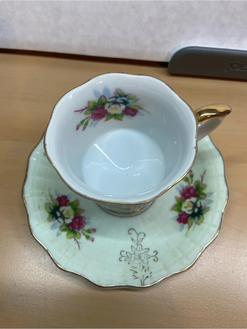 Vintage Pedestal Teacup and Saucer White/Pale Green with Pink & Yellow Flowers